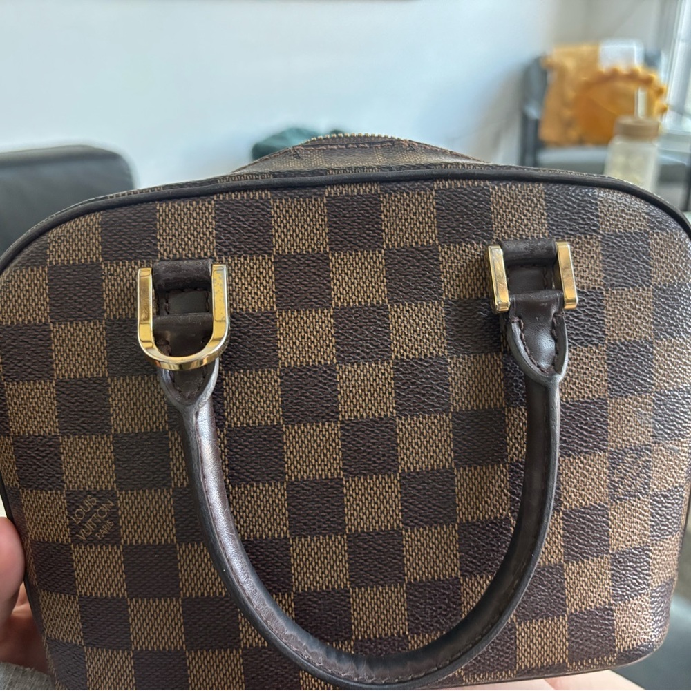 Louis Vuitton Brown Checkered Handbag with Gold Accents